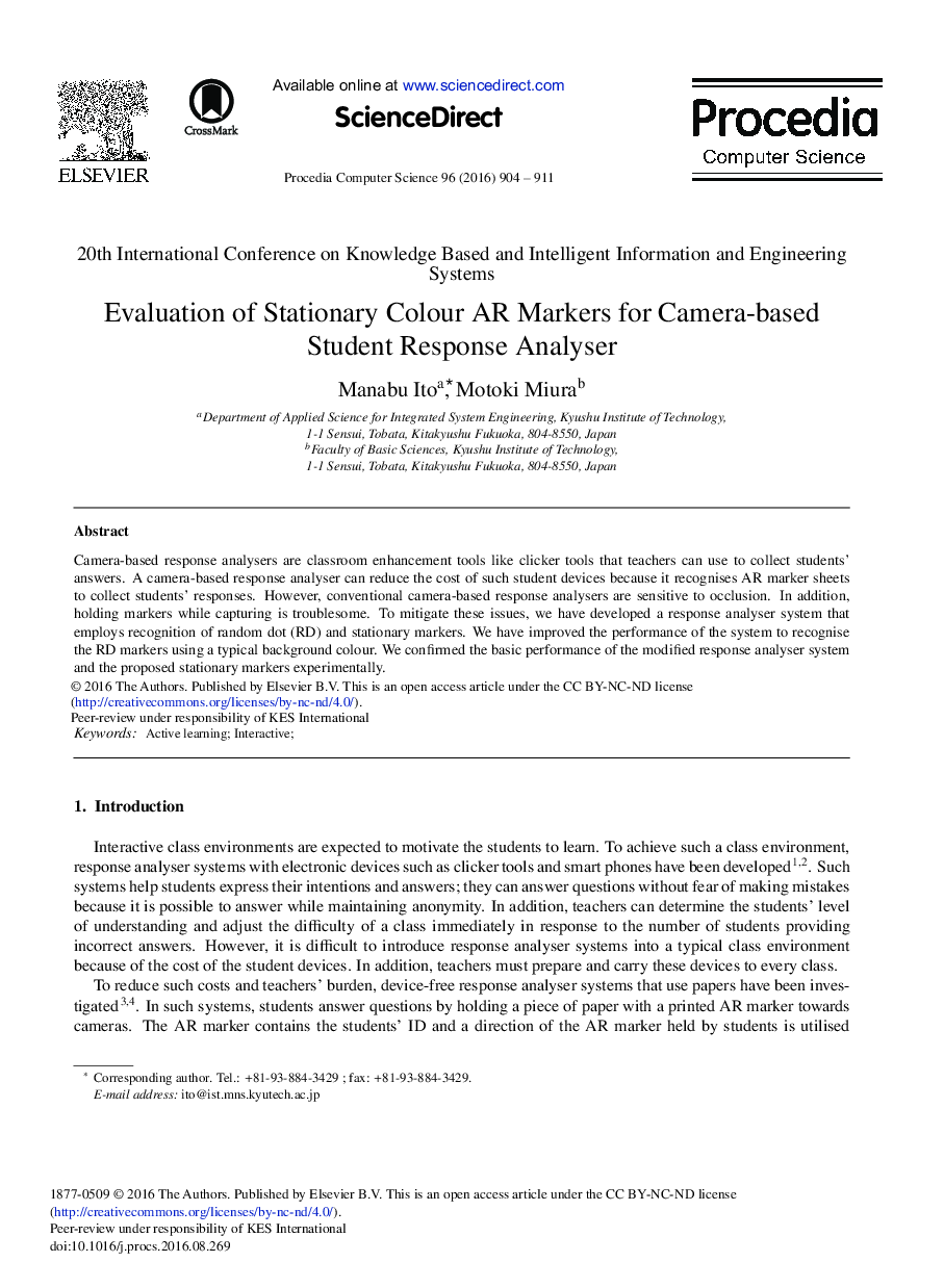Evaluation of Stationary Colour AR Markers for Camera-based Student Response Analyser