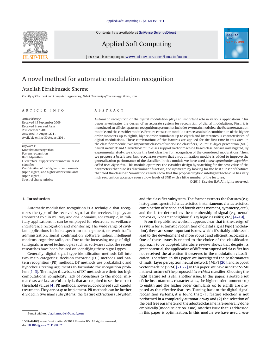 A novel method for automatic modulation recognition