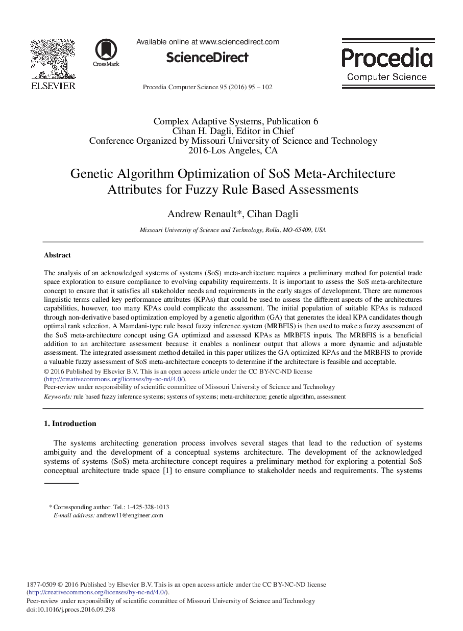 Genetic Algorithm Optimization of SoS Meta-Architecture Attributes for Fuzzy Rule Based Assessments