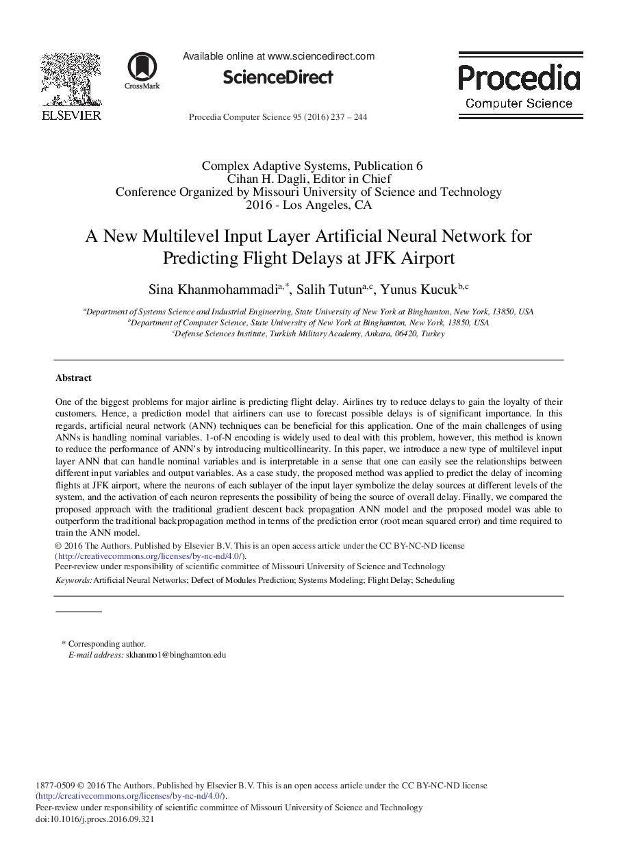 A New Multilevel Input Layer Artificial Neural Network for Predicting Flight Delays at JFK Airport