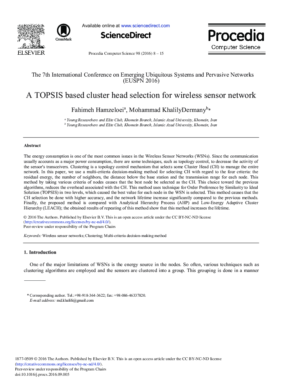 A TOPSIS Based Cluster Head Selection for Wireless Sensor Network