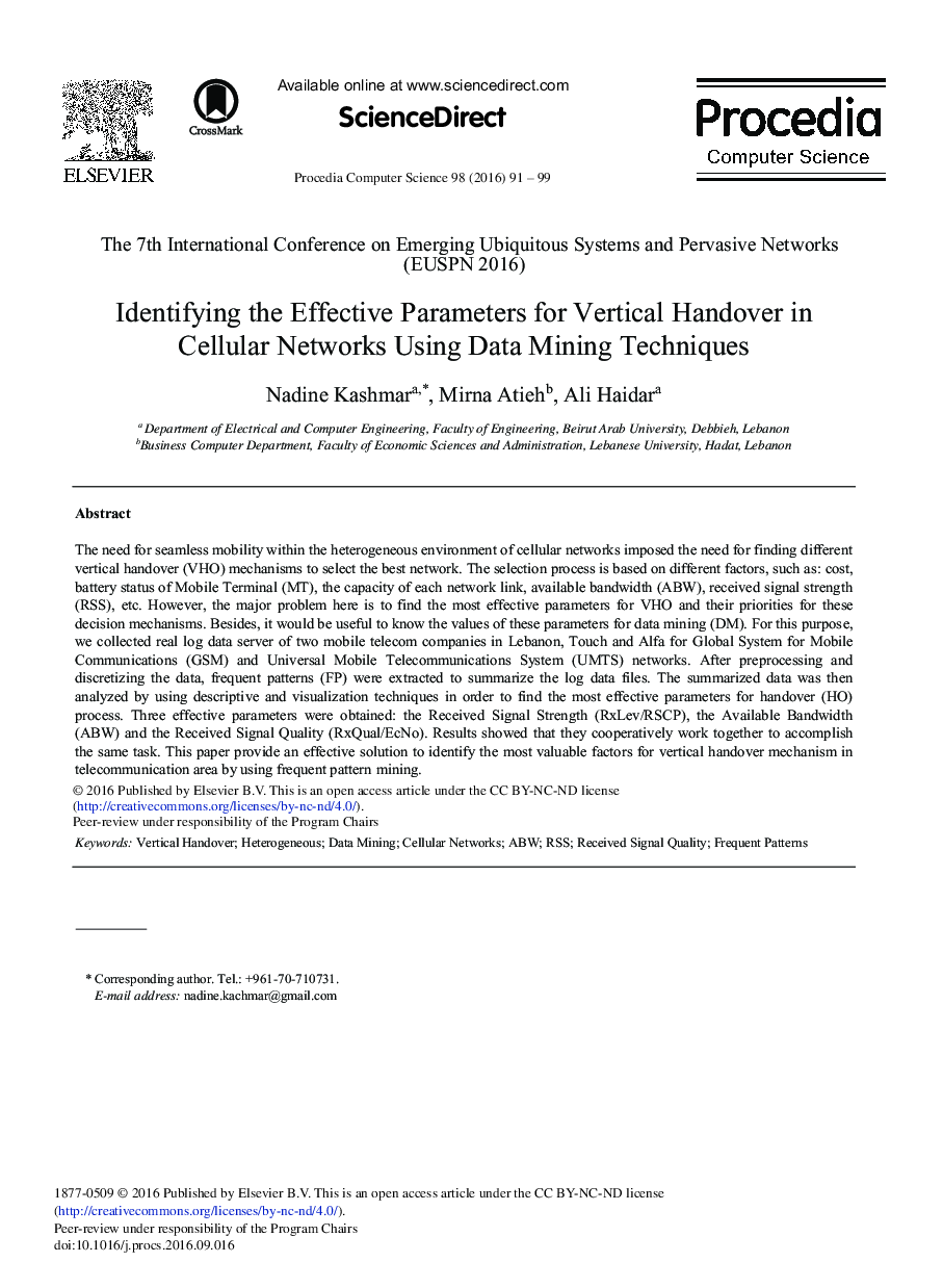 Identifying the Effective Parameters for Vertical Handover in Cellular Networks Using Data Mining Techniques