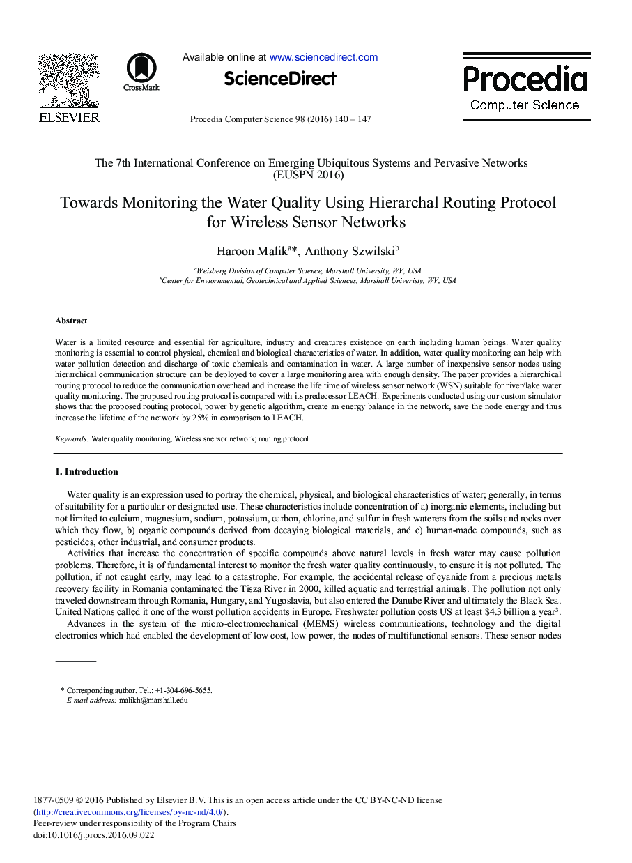 Towards Monitoring the Water Quality Using Hierarchal Routing Protocol for Wireless Sensor Networks
