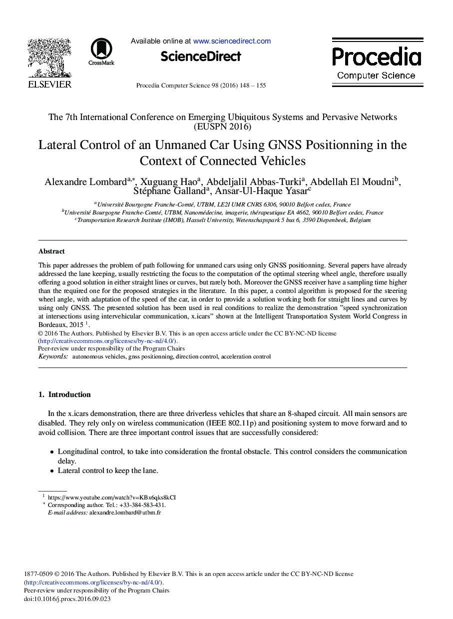 Lateral Control of an Unmaned Car Using GNSS Positionning in the Context of Connected Vehicles