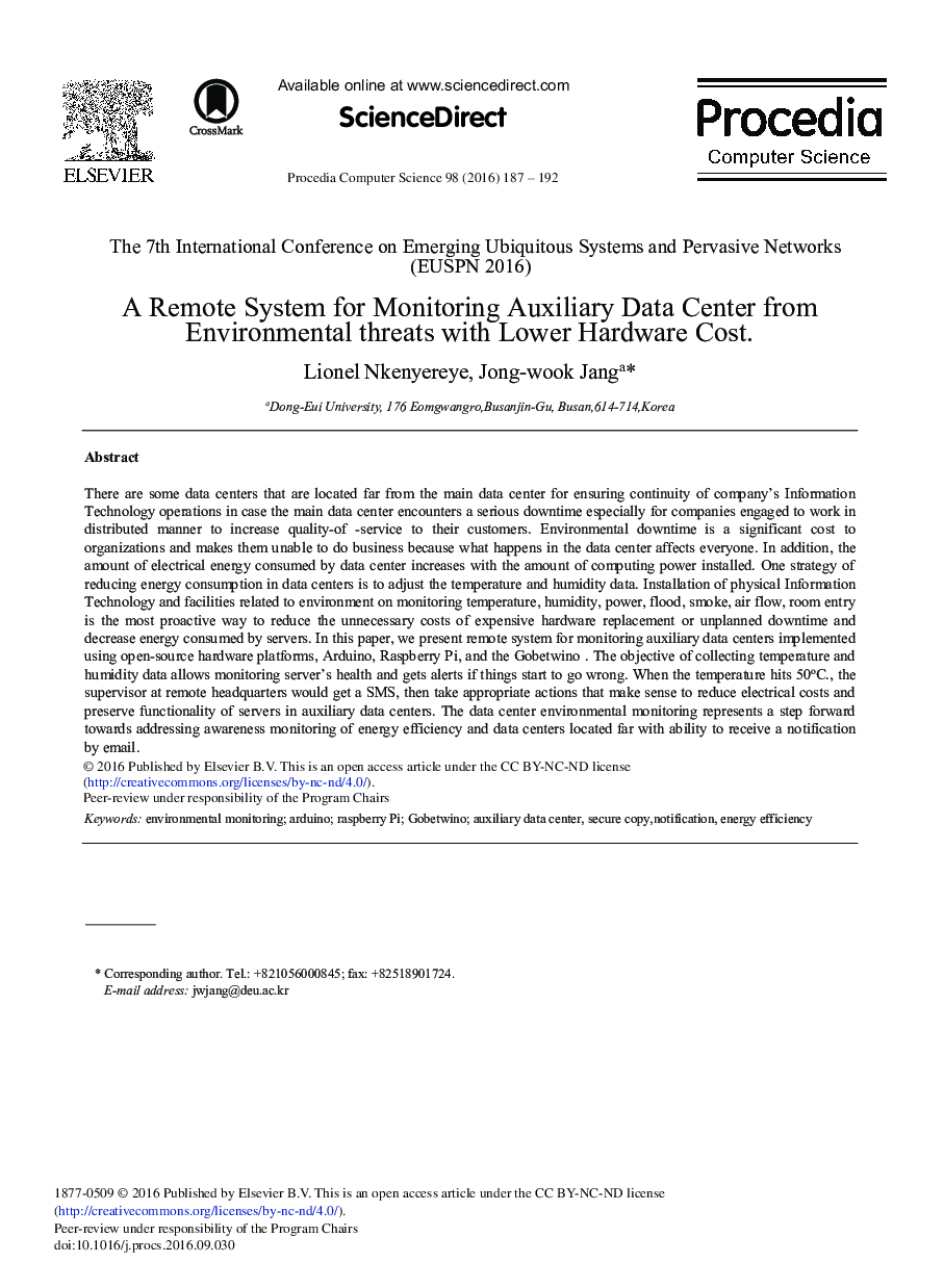 A Remote System for Monitoring Auxiliary Data Center from Environmental Threats with Lower Hardware Cost