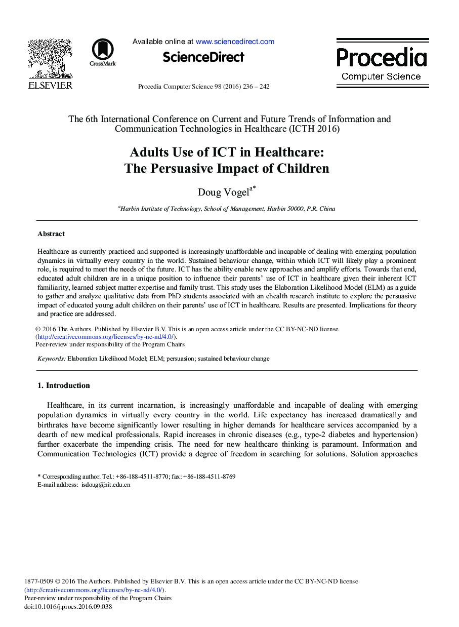 بزرگسالان استفاده از فناوری اطلاعات و ارتباطات در بهداشت و درمان: تأثیر پذیرنده کودکان 