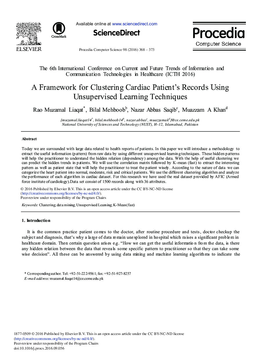 A Framework for Clustering Cardiac Patient's Records Using Unsupervised Learning Techniques