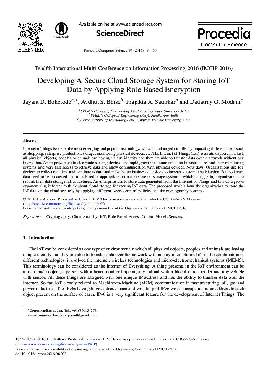 Developing A Secure Cloud Storage System for Storing IoT Data by Applying Role Based Encryption