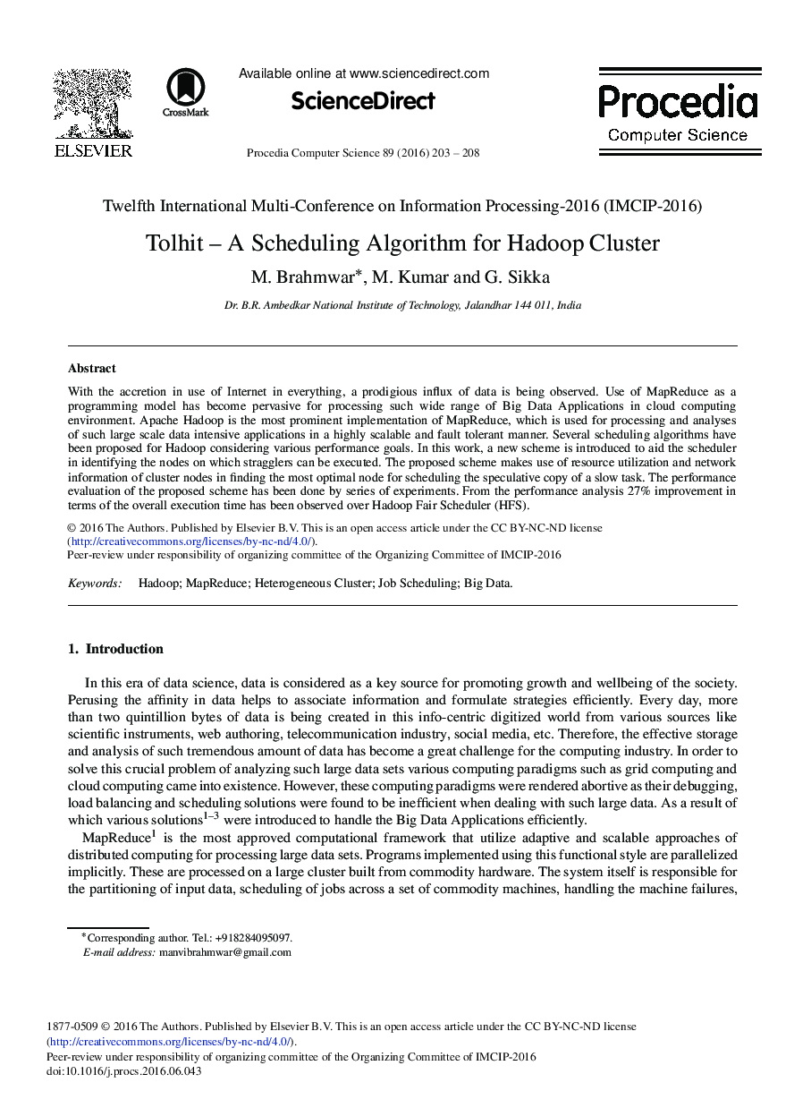 Tolhit - A Scheduling Algorithm for Hadoop Cluster