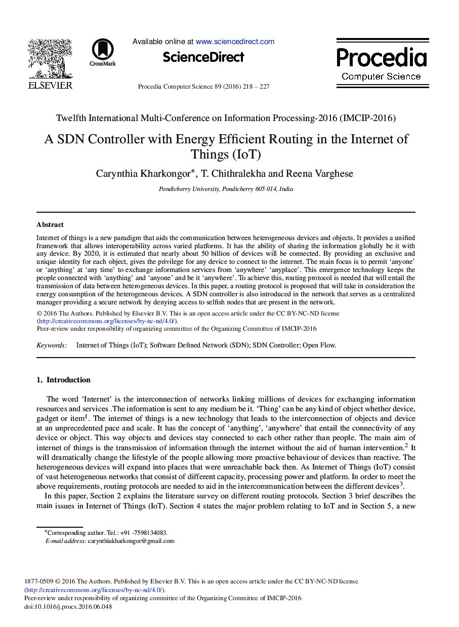 A SDN Controller with Energy Efficient Routing in the Internet of Things (IoT)