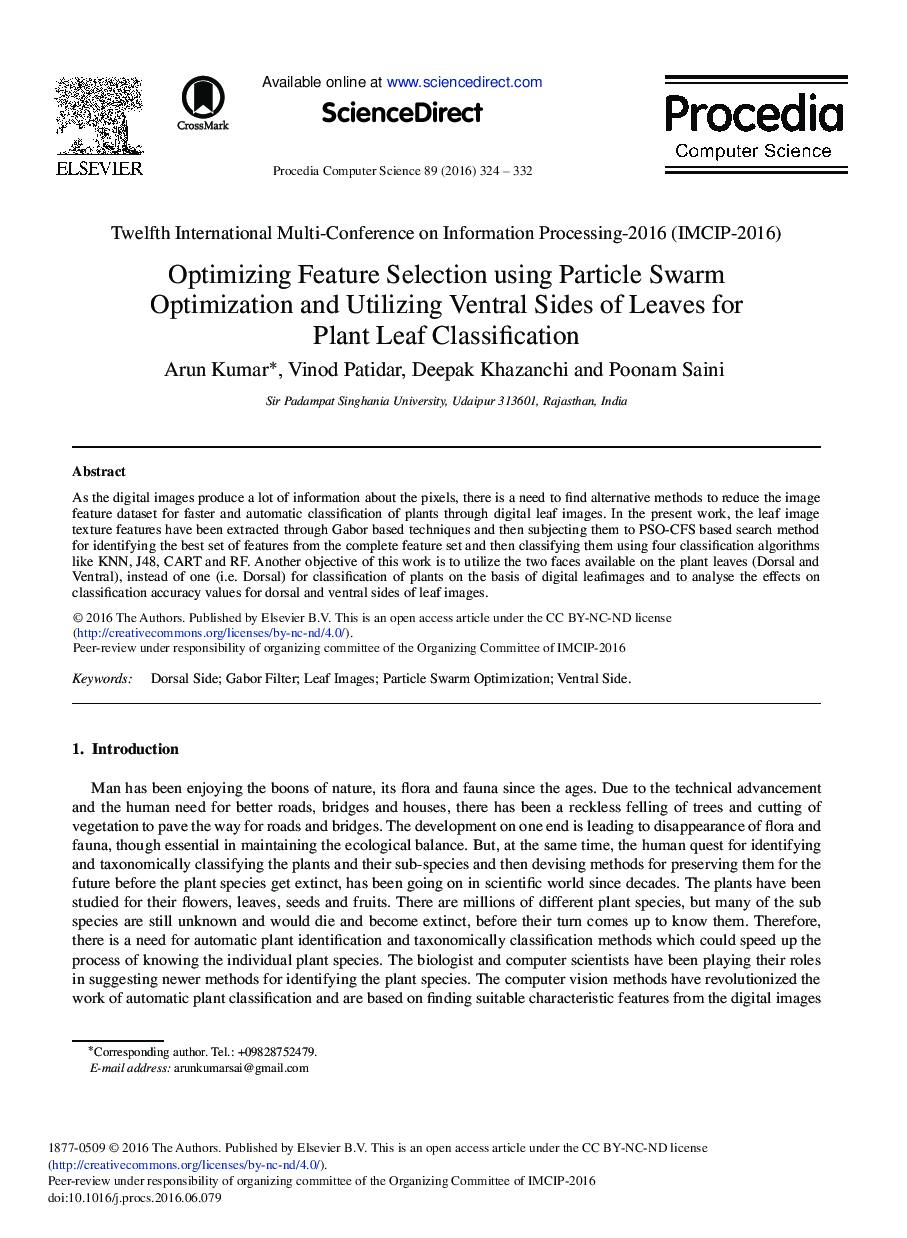 Optimizing Feature Selection Using Particle Swarm Optimization and Utilizing Ventral Sides of Leaves for Plant Leaf Classification