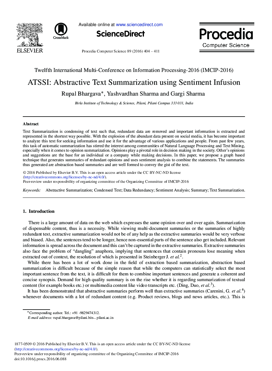 ATSSI: Abstractive Text Summarization Using Sentiment Infusion