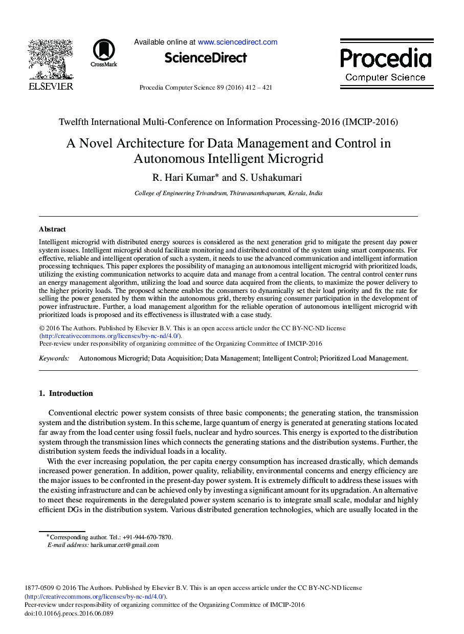 A Novel Architecture for Data Management and Control in Autonomous Intelligent Microgrid