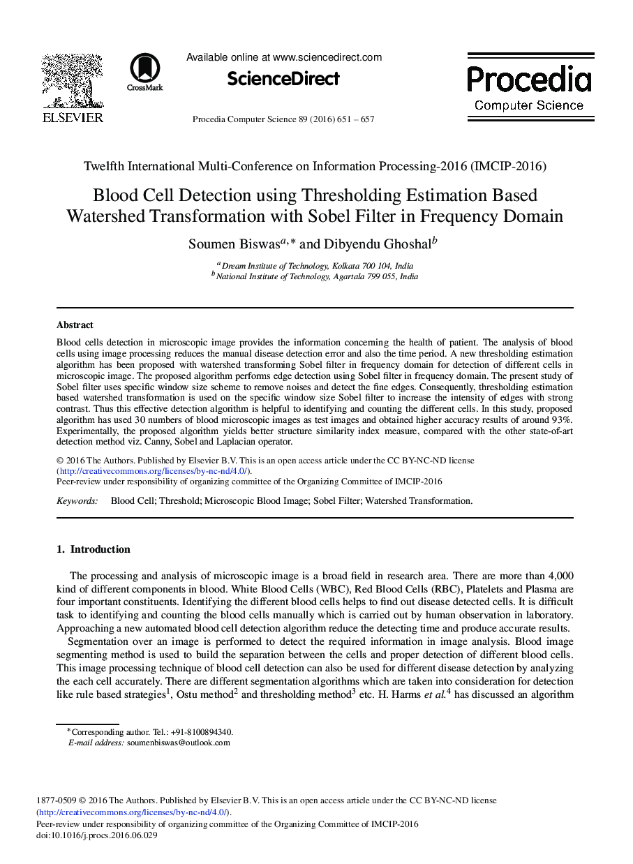 Blood Cell Detection Using Thresholding Estimation Based Watershed Transformation with Sobel Filter in Frequency Domain