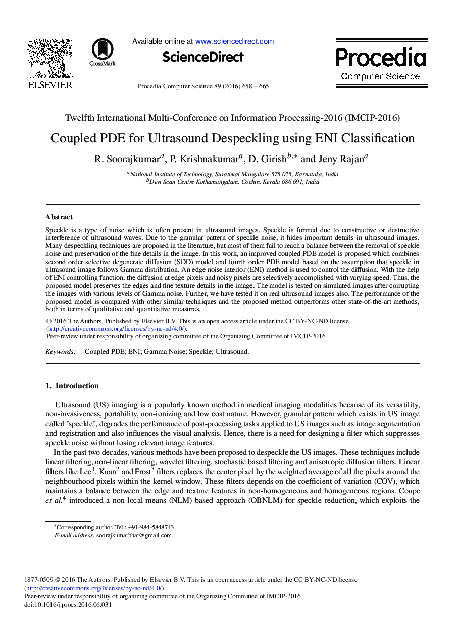 Coupled PDE for Ultrasound Despeckling Using ENI Classification