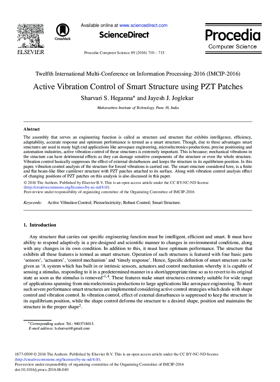 Active Vibration Control of Smart Structure Using PZT Patches