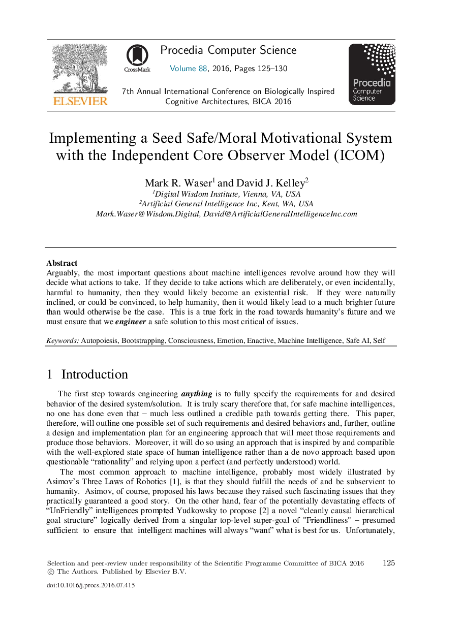 Implementing a Seed Safe/Moral Motivational System with the Independent Core Observer Model (ICOM)