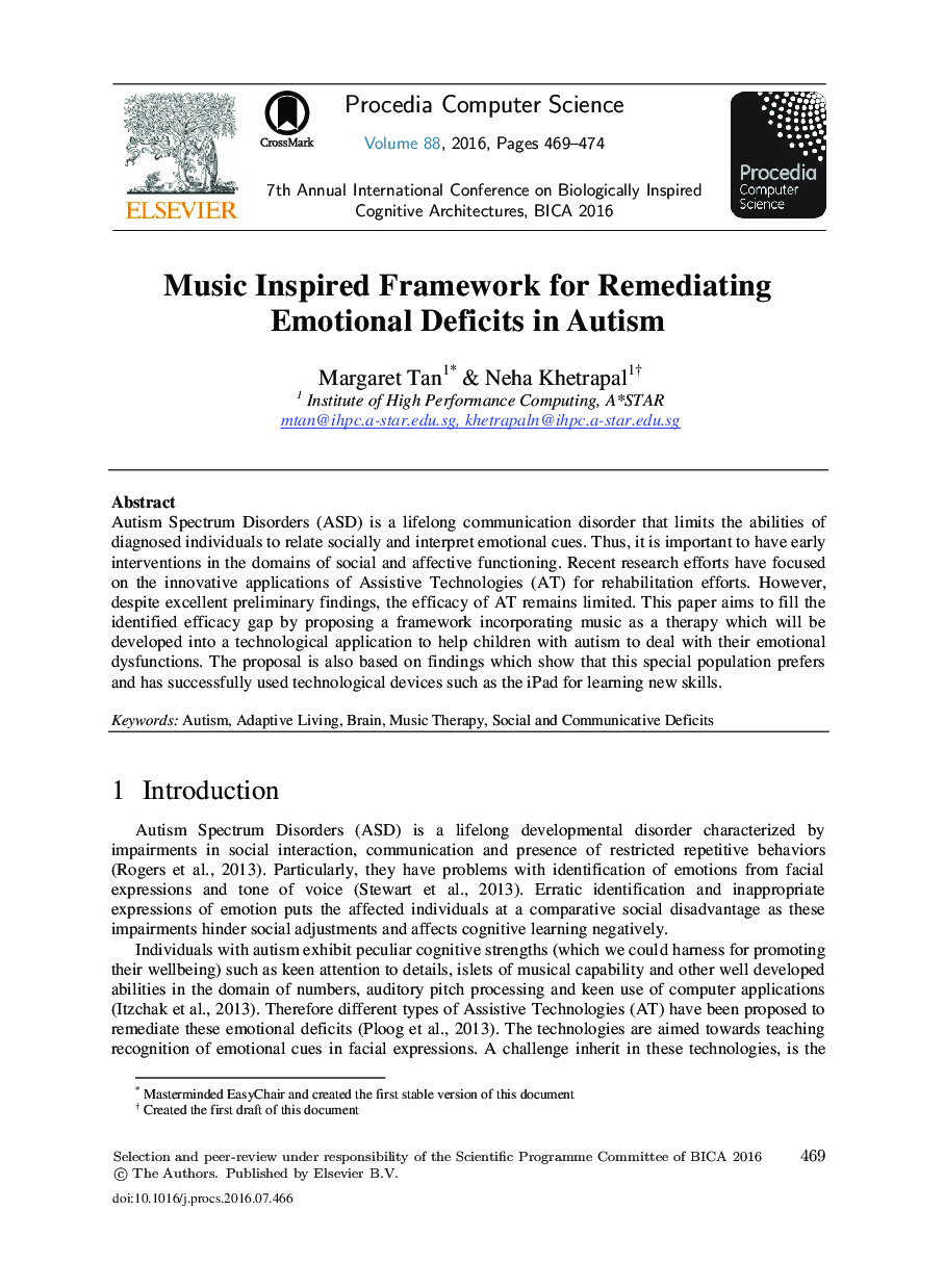 Music Inspired Framework for Remediating Emotional Deficits in Autism