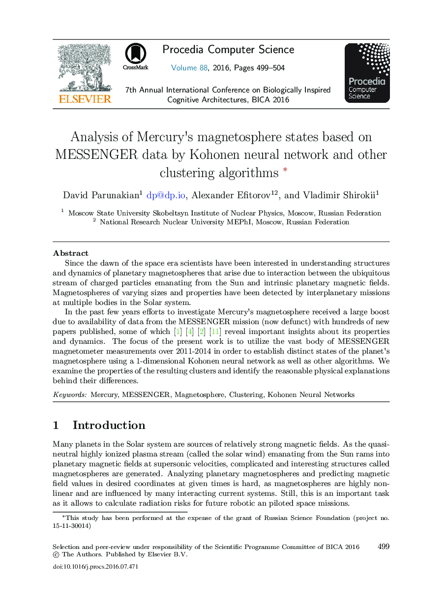 Analysis of Mercury's Magnetosphere States based on MESSENGER data by Kohonen Neural Network and other Clustering Algorithms1