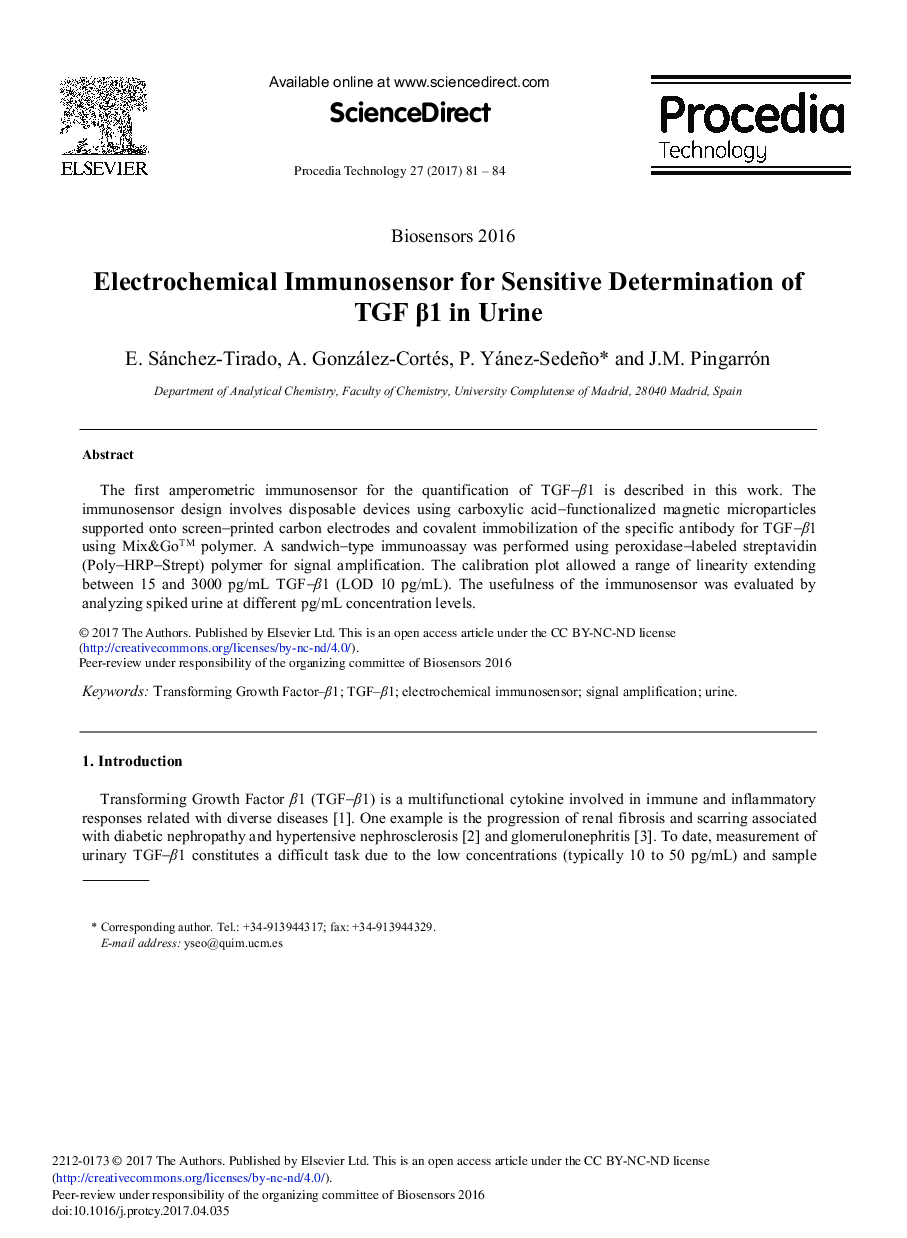 Electrochemical Immunosensor for Sensitive Determination of TGF Î²1 in Urine