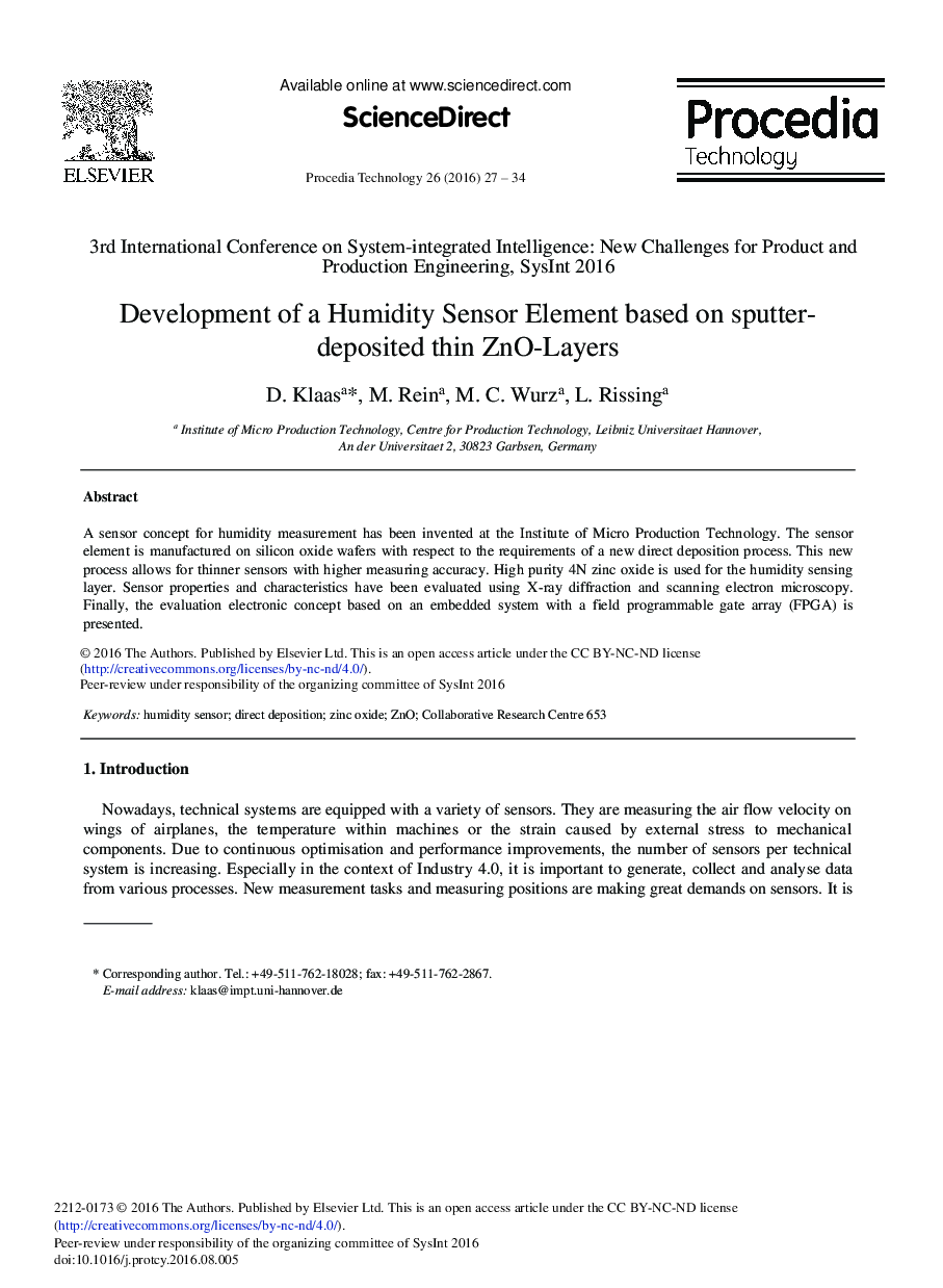 Development of a Humidity Sensor Element Based on Sputter-deposited thin ZnO-Layers