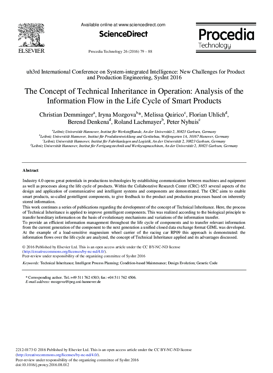 The Concept of Technical Inheritance in Operation: Analysis of the Information Flow in the Life Cycle of Smart Products