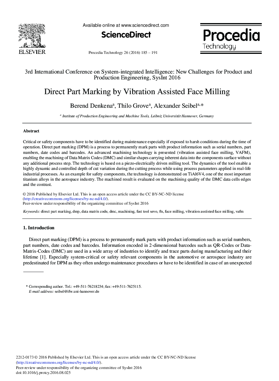 Direct Part Marking by Vibration Assisted Face Milling