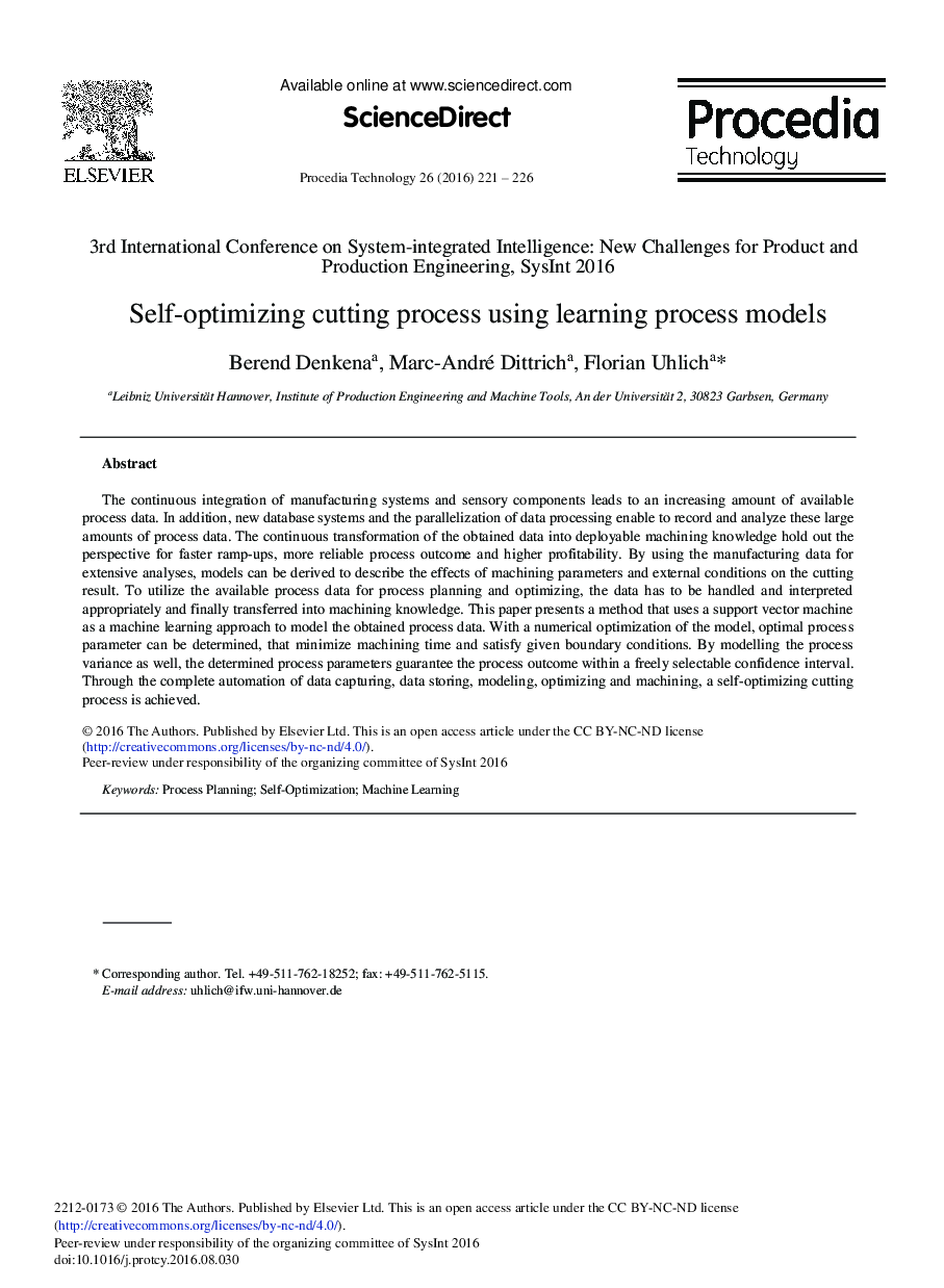 Self-optimizing Cutting Process Using Learning Process Models