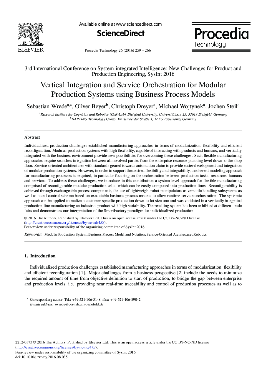 Vertical Integration and Service Orchestration for Modular Production Systems Using Business Process Models