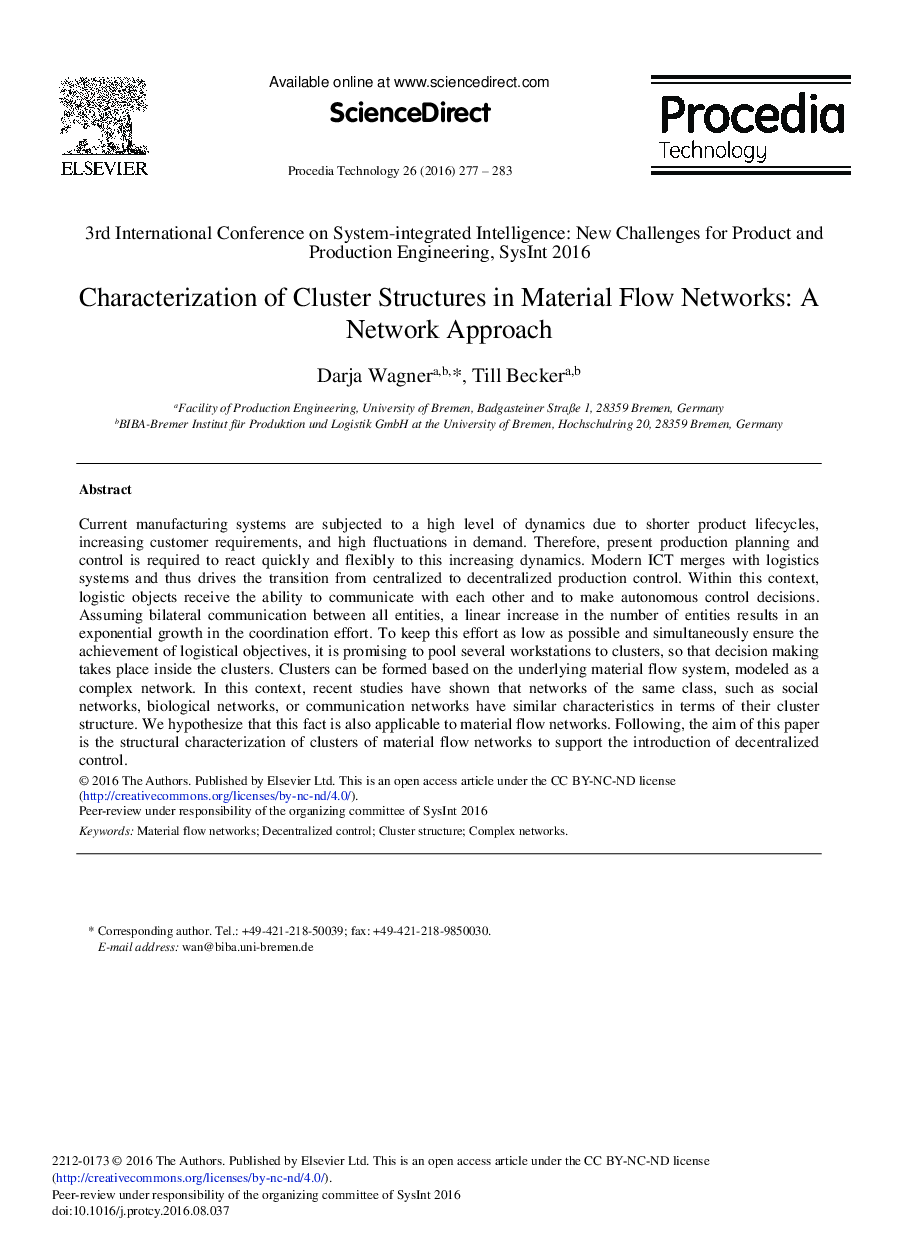 Characterization of Cluster Structures in Material Flow Networks: A Network Approach