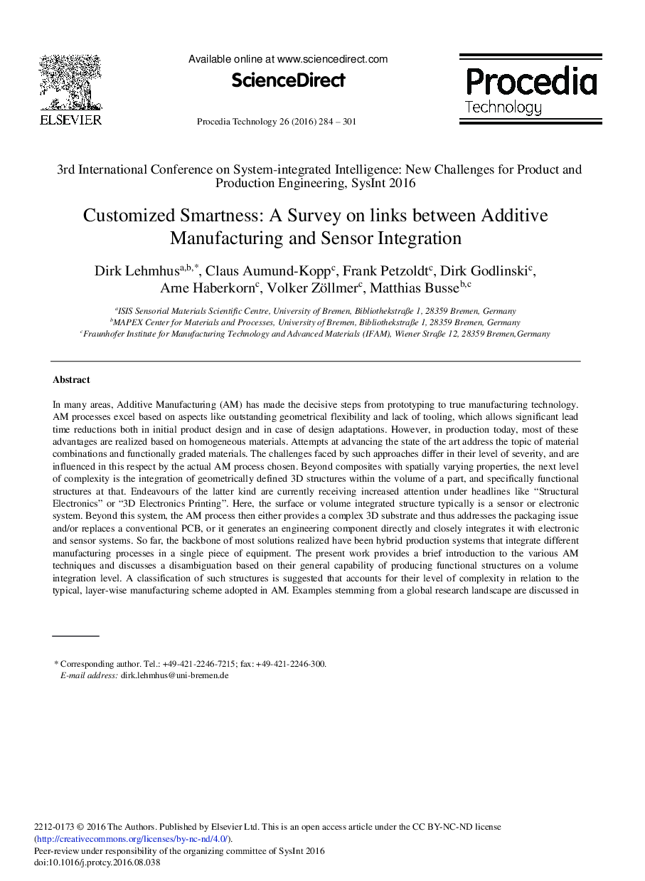 Customized Smartness: A Survey on Links between Additive Manufacturing and Sensor Integration