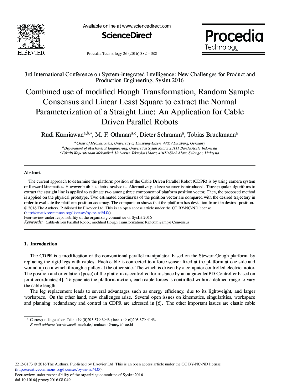 Combined Use of Modified Hough Transformation, Random Sample Consensus and Linear Least Square to Extract the Normal Parameterization of a Straight Line: An Application for Cable Driven Parallel Robots