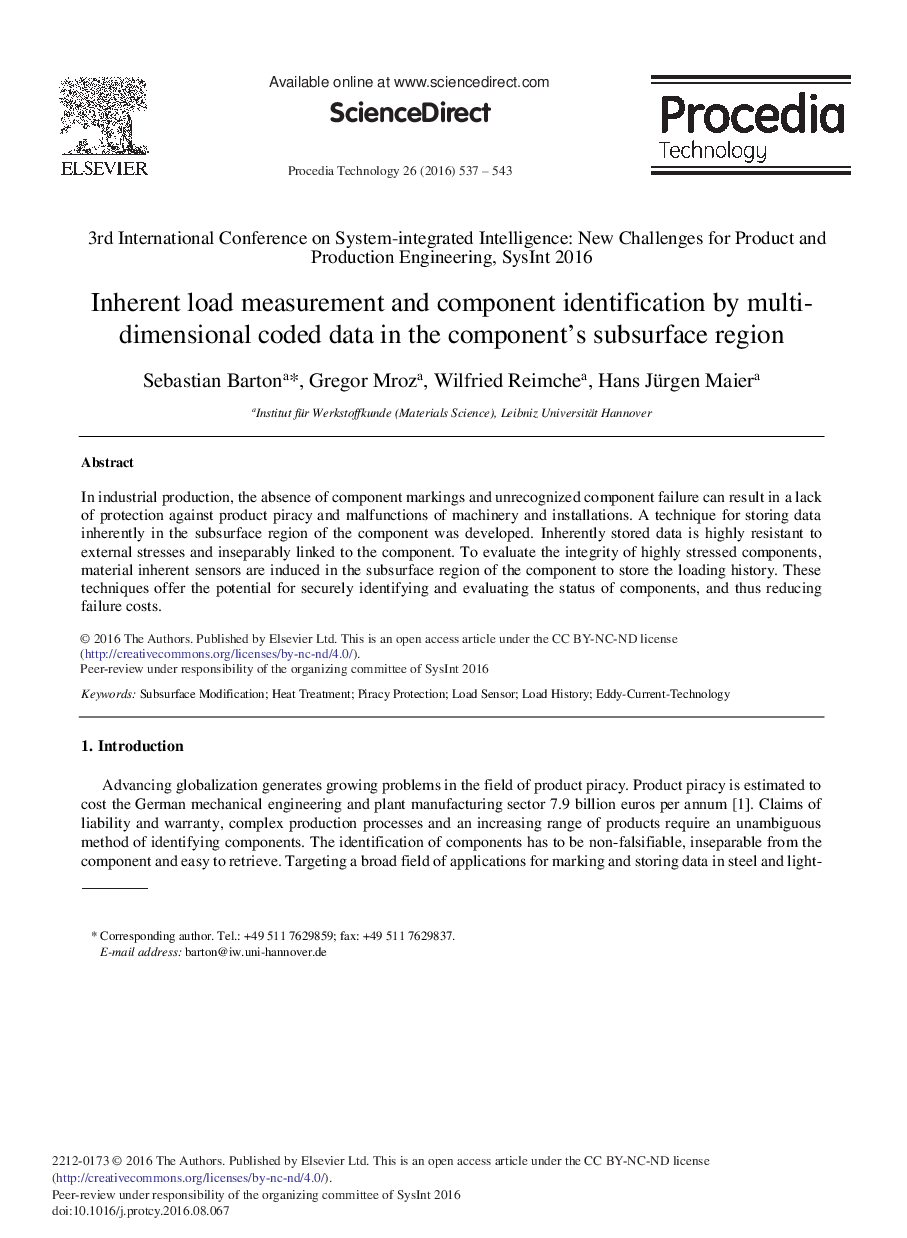 Inherent Load Measurement and Component Identification by multi-dimensional Coded Data in the Component's Subsurface Region