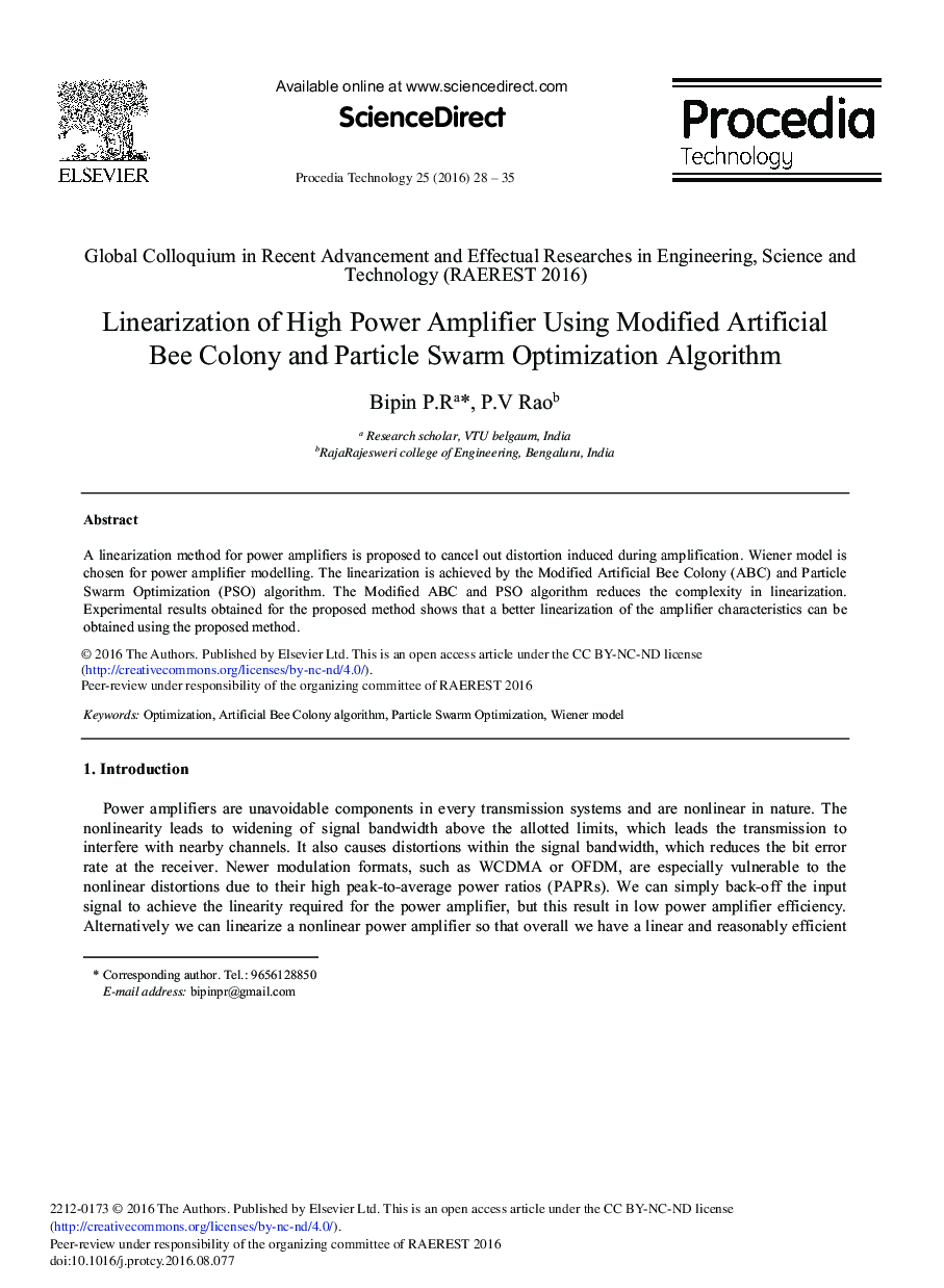 Linearization of High Power Amplifier Using Modified Artificial Bee Colony and Particle Swarm Optimization Algorithm