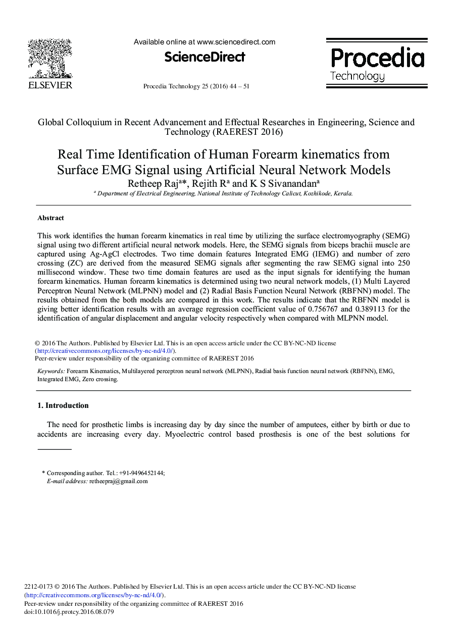 Real Time Identification of Human Forearm Kinematics from Surface EMG Signal Using Artificial Neural Network Models