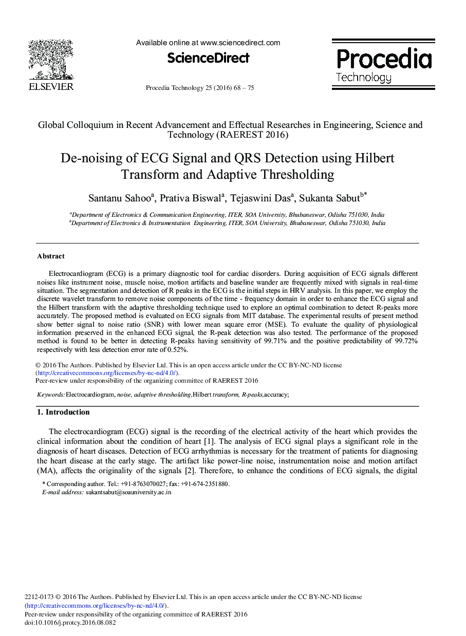 De-noising of ECG Signal and QRS Detection Using Hilbert Transform and Adaptive Thresholding