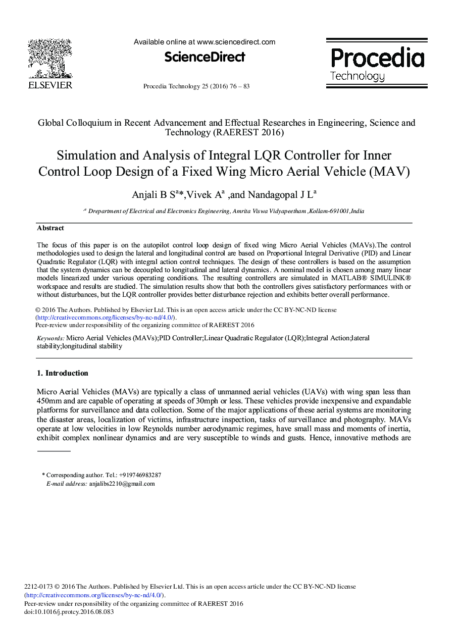 Simulation and Analysis of Integral LQR Controller for Inner Control Loop Design of a Fixed Wing Micro Aerial Vehicle (MAV)