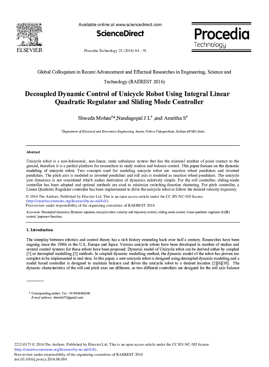 Decoupled Dynamic Control of Unicycle Robot Using Integral Linear Quadratic Regulator and Sliding Mode Controller