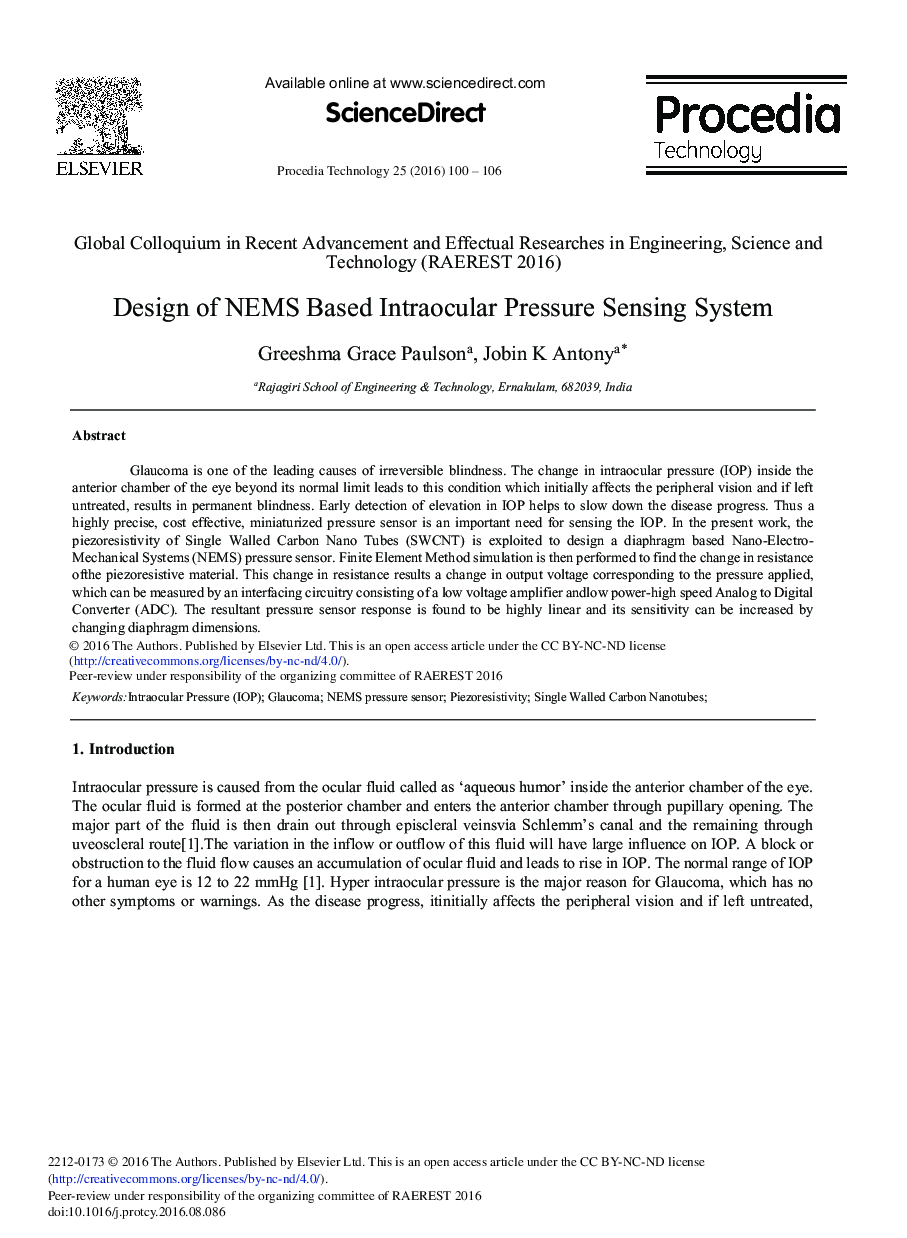 Design of NEMS Based Intraocular Pressure Sensing System