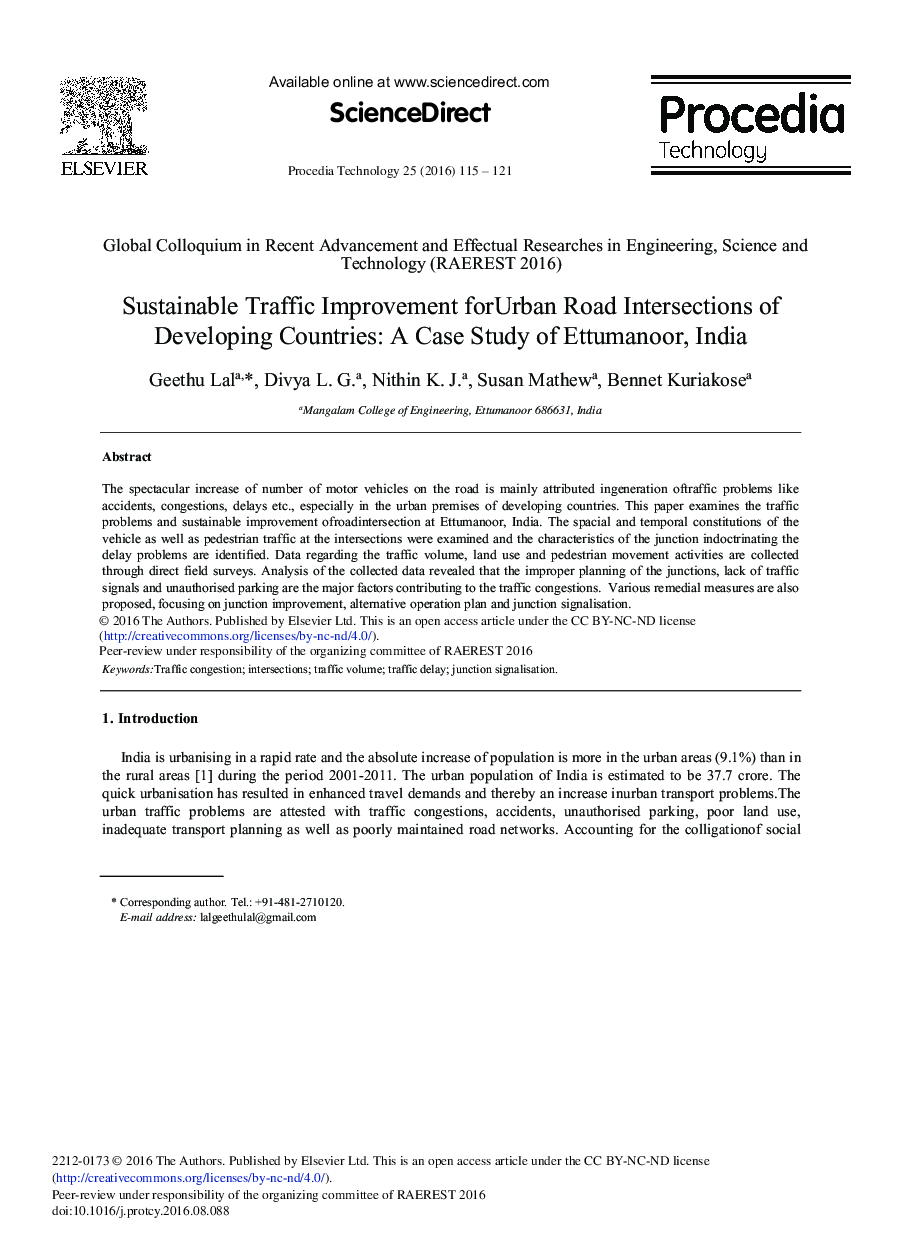 Sustainable Traffic Improvement for Urban Road Intersections of Developing Countries: A Case Study of Ettumanoor, India