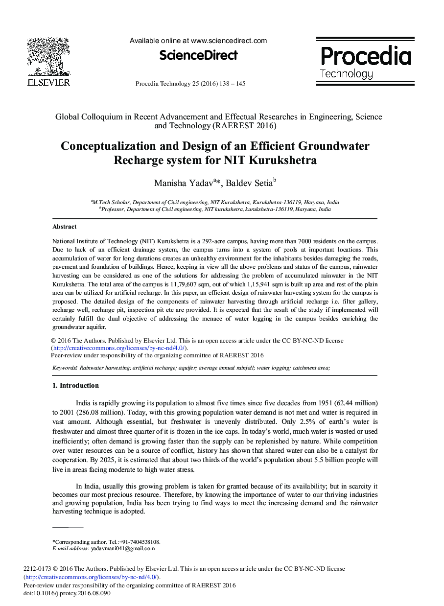 Conceptualization and Design of an Efficient Groundwater Recharge System for NIT Kurukshetra