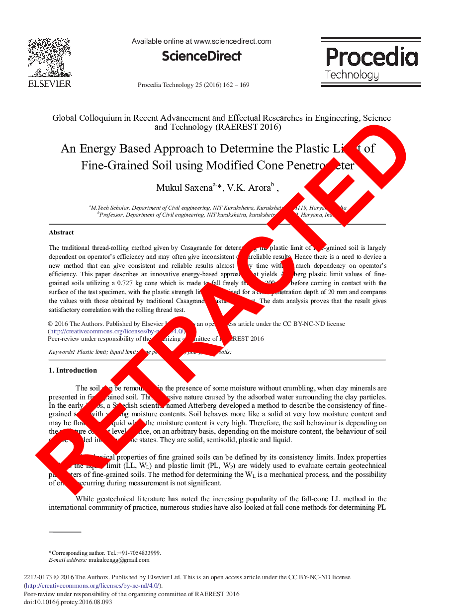 RETRACTED: An Energy Based Approach to Determine the Plastic Limit of Fine-grained Soil Using Modified Cone Penetrometer