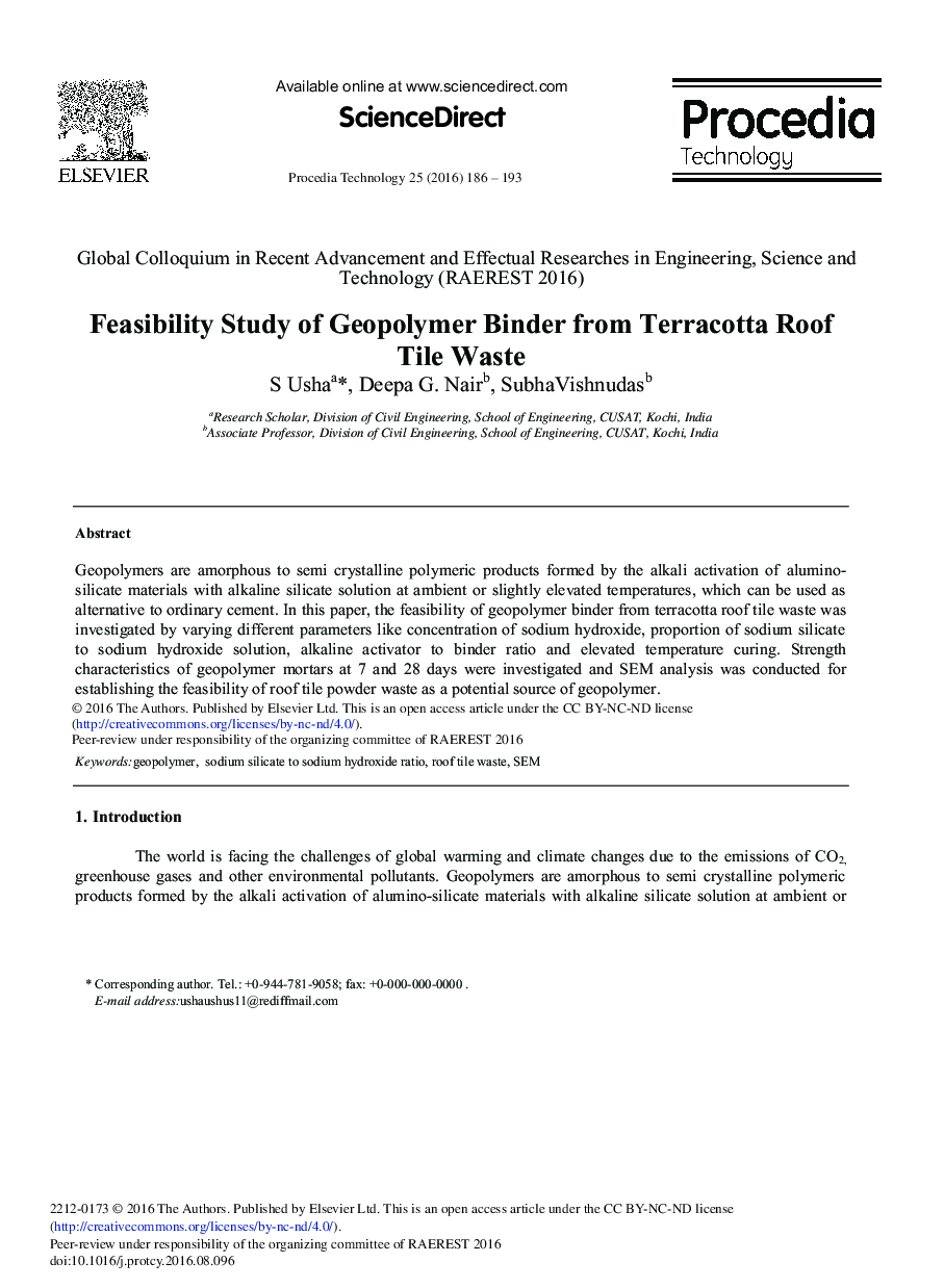 Feasibility Study of Geopolymer Binder from Terracotta Roof Tile Waste