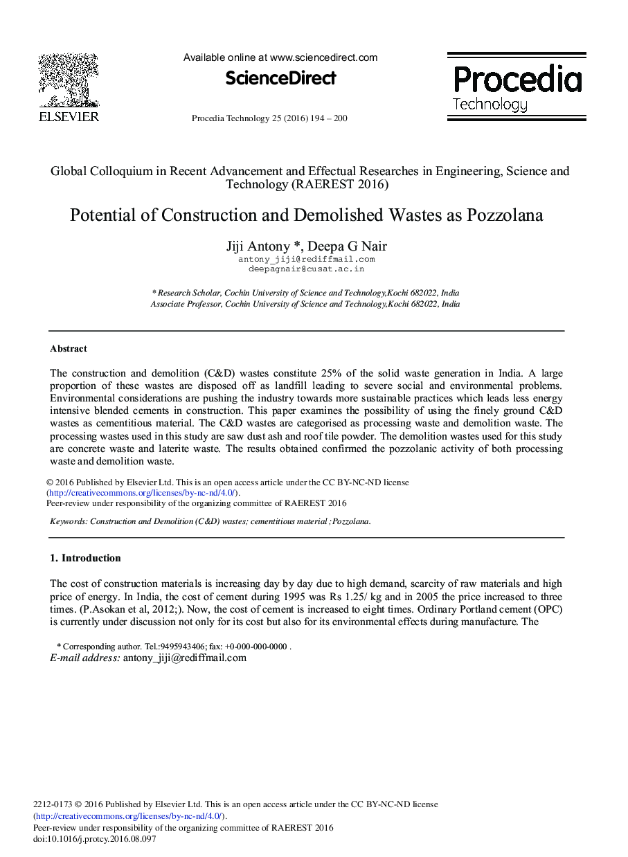 Potential of Construction and Demolished Wastes as Pozzolana