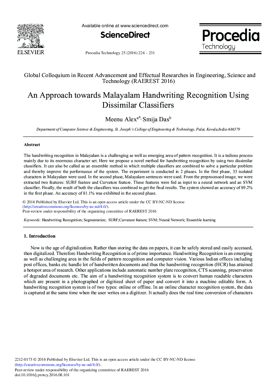 An Approach towards Malayalam Handwriting Recognition Using Dissimilar Classifiers