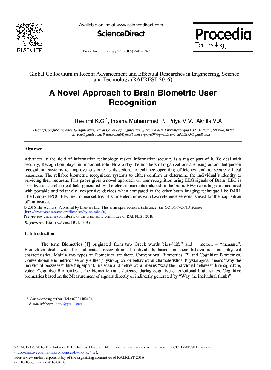 A Novel Approach to Brain Biometric User Recognition