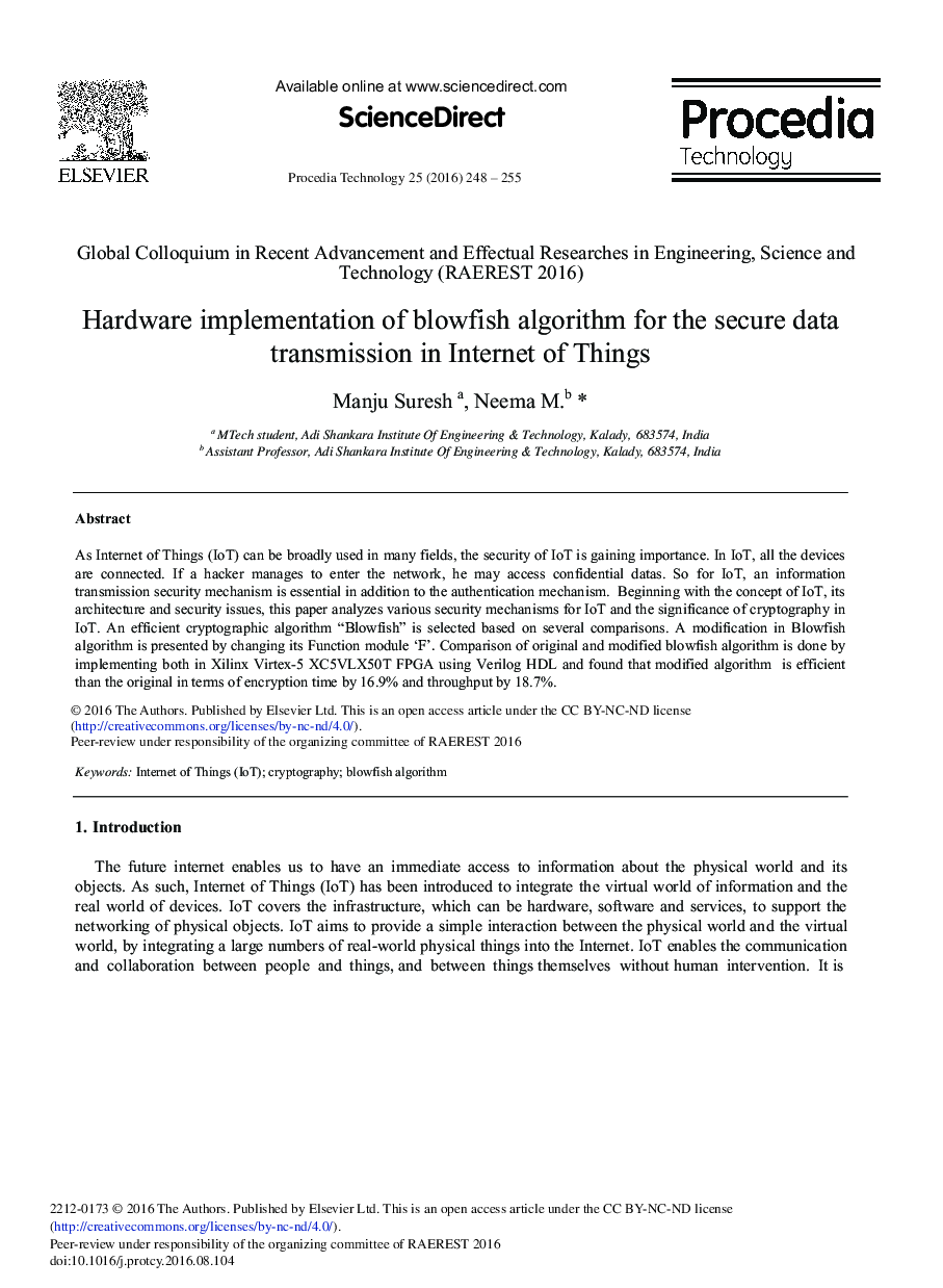 Hardware Implementation of Blowfish Algorithm for the Secure Data Transmission in Internet of Things