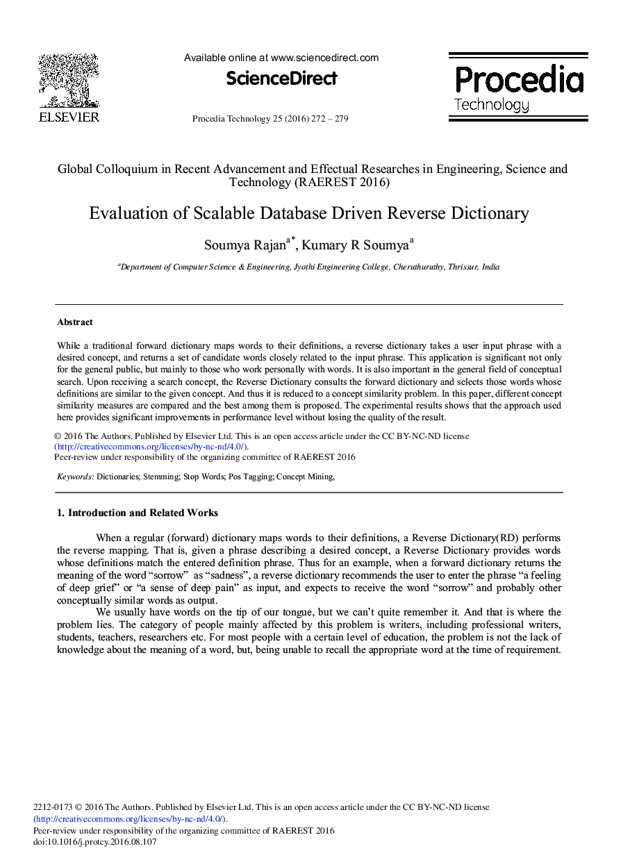 Evaluation of Scalable Database Driven Reverse Dictionary