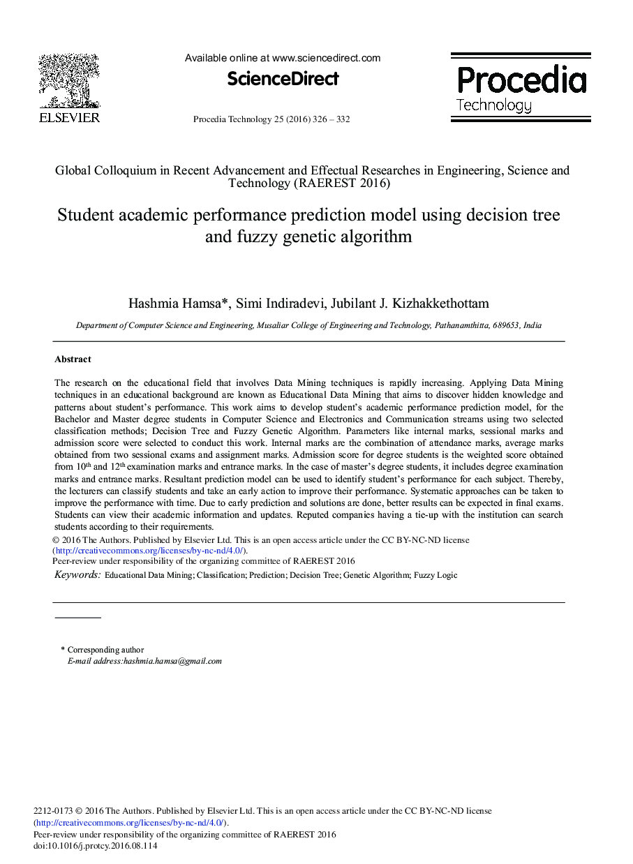 Student Academic Performance Prediction Model Using Decision Tree and Fuzzy Genetic Algorithm