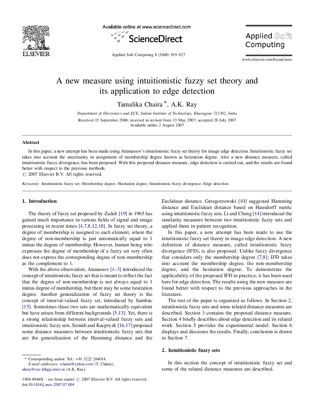 A new measure using intuitionistic fuzzy set theory and its application to edge detection